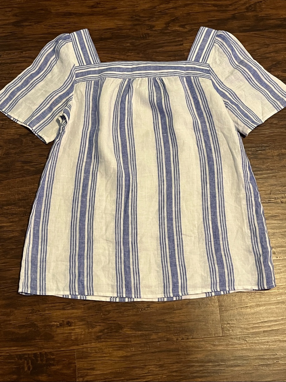 Talbots Striped Linen Blue Square Butterfly Sleeves Popover Blouse Size Medium